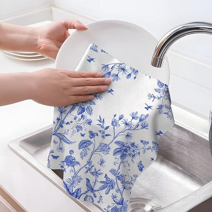 Chinoiserie Floral Kitchen Towels Decorative Set of 2, Soft Absorbent White Blue Flowers Bird Hand Tea Towels for Kitchen Farmhouse Holiday Home Decorations 16x24 Inch