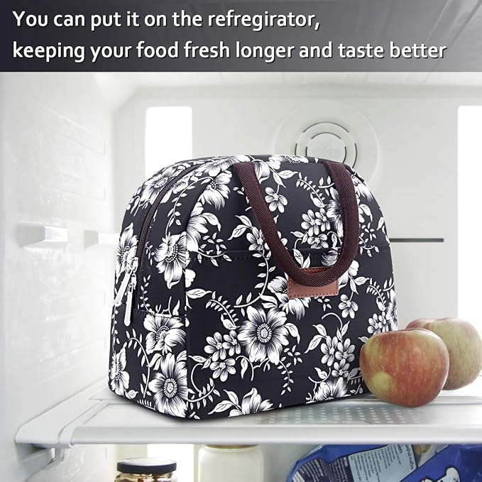 BALORAY Lunch Bag for Women Men Insulated Lunch Box for Adult Reusable Lunch Tote Bag for Work, Picnic or Travel (White Flower)