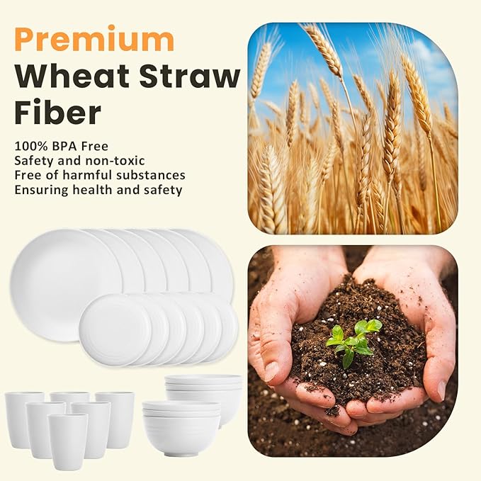 Homienly Premium Wheat Straw Dinnerware Sets - 24 PCS Dinner Plates,Plates,Cereal Bowls,Drinking Cups,Lightweight & Unbreakable Dishes Sets for 6,Dishwasher & Microwave Safe for Home - White