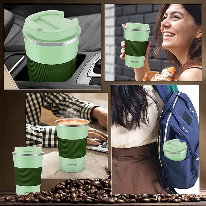 KETIEE 12oz Travel Mug, Insulated Coffee Cup with Leakproof Lid, Travel Coffee Mug Vacuum Stainless Steel Double Walled Reusable Tumbler for Hot and Cold Drinks (Green)