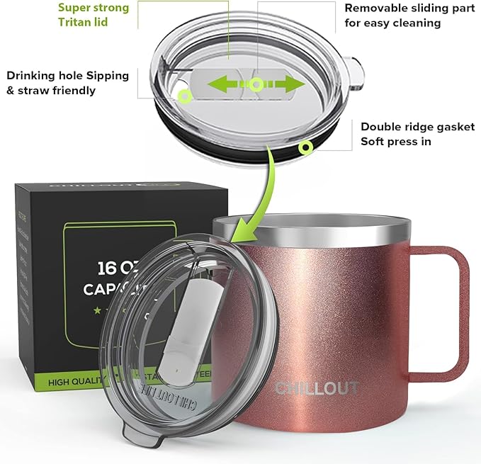 CHILLOUT LIFE Stainless Steel 16 oz (Set of 2) - Vacuum Insulated Coffee Mug with Handle and Lid, Large Thermal Camping Coffee Mug Cup with Durable Sliding Lid for Women - Rose Gold