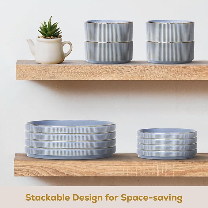 Romswi Ceramic 18Pcs Dinnerware Sets,Stoneware Plates and Bowls Set for 6, Chip & Scratch Resistant Ribbed Dish Set, Handmade Reactive Glaze, Oven, Microwave & Dishwasher Safe, Gray Blue