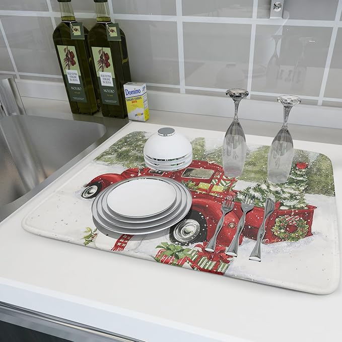 Christmas Red Truck Dish Mat for Kitchen Counter 18x24in, Winter Holiday Xmas Tree Snowman Farmhouse Absorbent Dishes Drainer Drying Mats Fast Dry Washable Microfiber Draining Pad