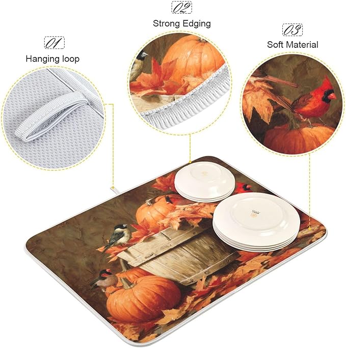 Pumpkins Autumn Leaves Birds Dish Drying Mat for Kitchen Counter Super Absorbent Dishes Pad Reversible Microfiber Protector Dish Draining Mats 16x18 inch