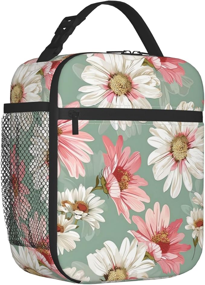 Reusable Daisy Lunch Box for Kids Girls Boys Women Adult, Insulated Pink and White Floral Lunch Bag,Polyester Cooler Flower Handbags Case for School Picnic Work Travel Beach or Hiking (Green)