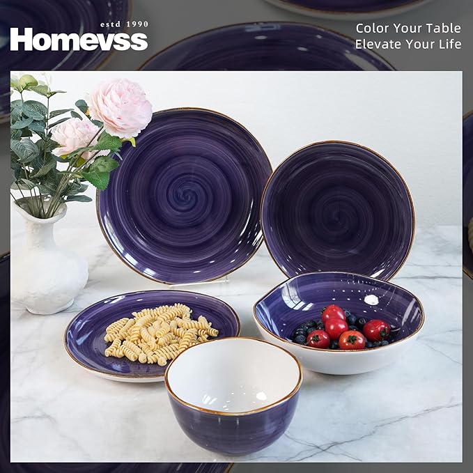Highland 16-Piece Dinnerware Set Service for 4, Organic Shape Stoneware Plates and Bowls Set, Scratch Resistant, Microwave and Dishwasher Safe, Speckled Effect Handcrafted, Swirl Purple