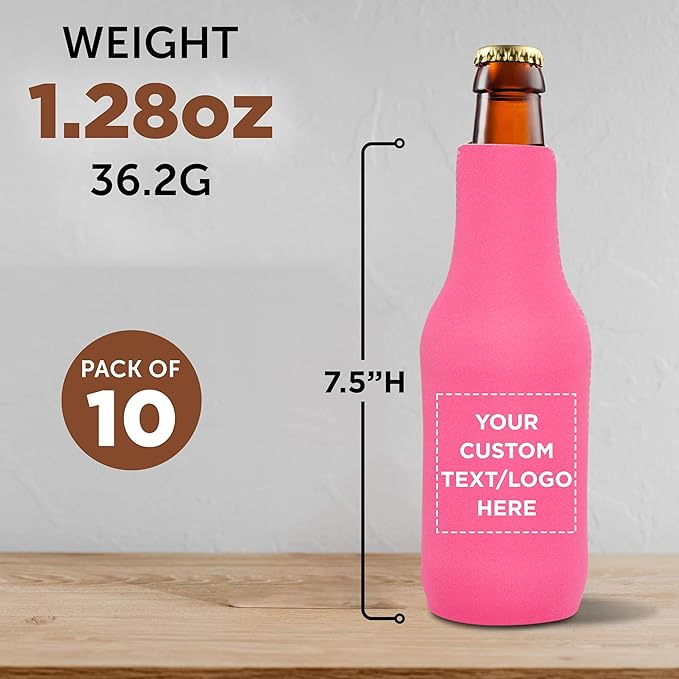 10 Neoprene Zippered Beer Bottle Coolies Pack - Customizable Text, Logo - Sharkskin Rubber Bottom - Neon Pink