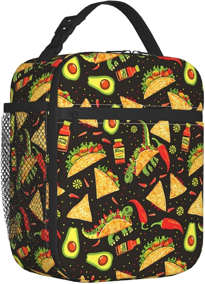 Reusable Taco Dinosaur Avocado Lunch Box for Kids Girls Boys Women Adult, Insulated Mexican Food Lunch Bag,Polyester Cooler Handbags Case for School Picnic Work Travel Beach or Hiking (Black)