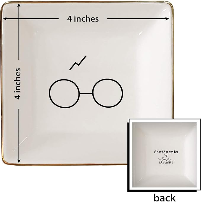 Simply Charmed Porcelain Jewelry Ring Holder Tray – Harry Potter Gift, Porcelain Trinket Dish, 4"x4" White with Golden Glaze, Jewelry Organizer