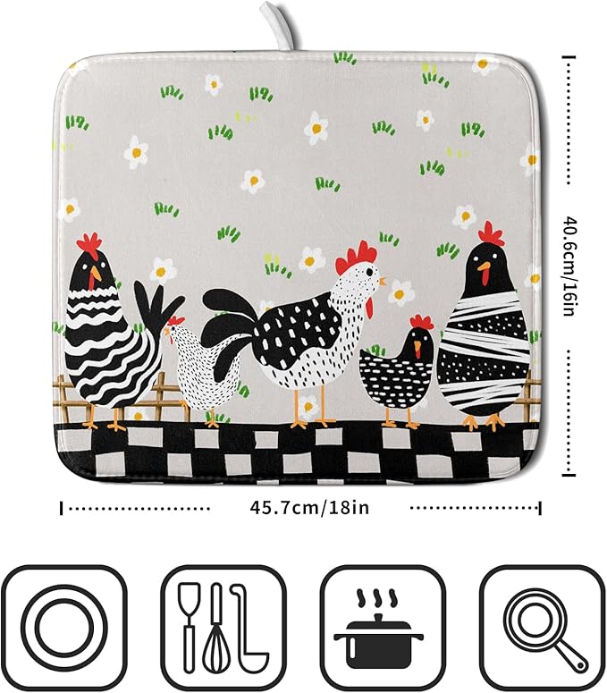 Black Rooster Dish Drying Mat for Countertop 16x18 Inches Buffalo Plaid Microfiber Drainer Rack Pads Fast Dry Dishes Mats Kitchen Accessories