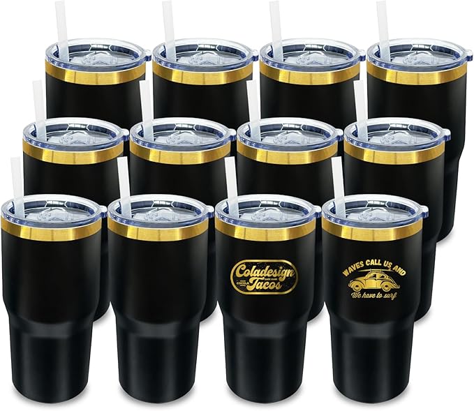 20 oz Tumbler Bulk 12 Pack Stainless Steel Tumblers with Lids and Straws, Double Wall Vacuum Insulated Travel Coffee Mug for Laser Engrave, Powder Coated Cups for Hot and Cold Drinks (Black,12 pack)