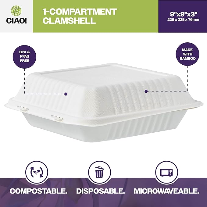 CIAO! 9"x9"x3" Clamshell 1 Compartment 100% Compostable Ecofriendly PFAS Free Unbleached Bagasse Natural White (200/case)