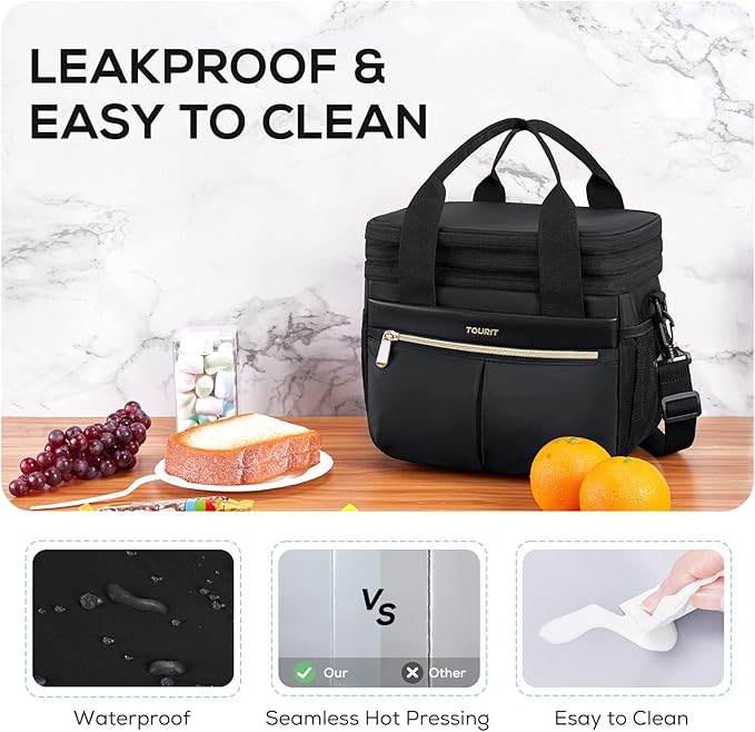 TOURIT Insulated Lunch Box Bag, Double Deck Leakproof Cooler Tote for Work Office Picnic, Expandable Lunch Container, Black