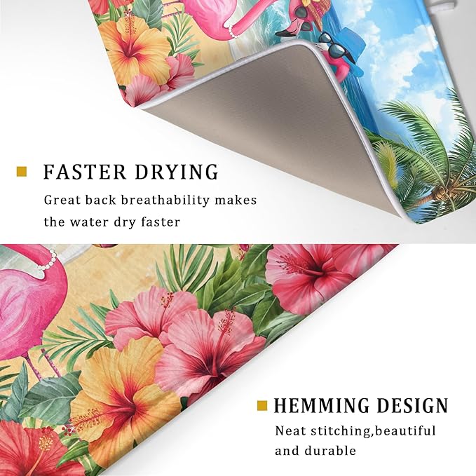 Summer Flamingos Dish Drying Mat 18x24 inch Tropical Beach Microfiber Washable Dish Rack Mats Drainer Pad for Counter Kitchen Table Decor