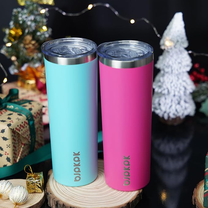 BJPKPK 2 Pack 20oz Skinny Tumblers with Lid Insulated Travel Coffee Cup Stainless Steel Thermal Mug,Turquoise,Pink