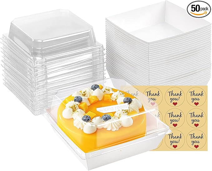 50 Pack Small Paper Charcuterie Boxes with Clear Lids, Dessert Boxes Square Disposable Paper Bakery Boxes to Go Food Containers for Desserts, Sandwich, Cookie, Sushi, Cake Slice and Strawberries