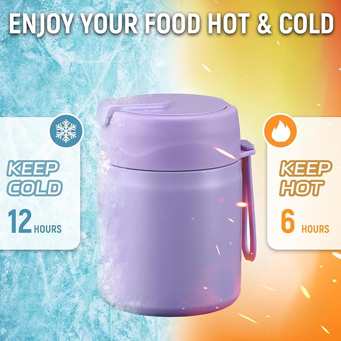 17oz Soup Thermo for Hot Food Kids Insulated Vacuum Food Jar with Stainless Steel Spoon Wide Mouth Thermo Leakproof Lunch Food Container Kids Hot Lunch Box (Purple)