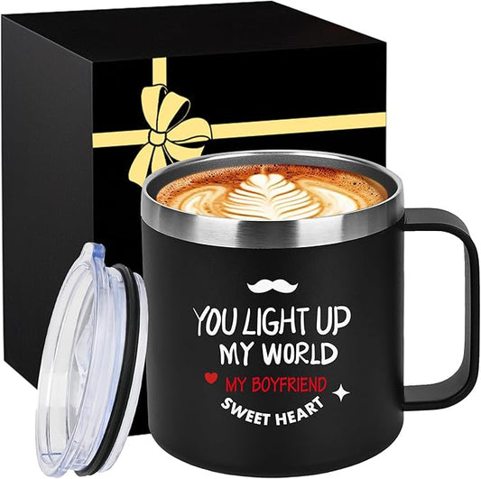 14 Oz Initial Insulated Coffee Mug with Lid Travel Large Cup Groomsmen Proposal Groom Funny Day Stepdad Bride Gifts Personalized Valentines Unique Cool Special Best Spill Leak Bulk Present