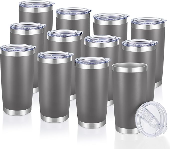 20 oz Tumblers Bulk Stainless Steel Tumbler with Lid Double Wall Vacuum Insulated Coffee Mug 20oz Powder Coated Cup for Hot and Cold Drinks, Gray, 12 pack
