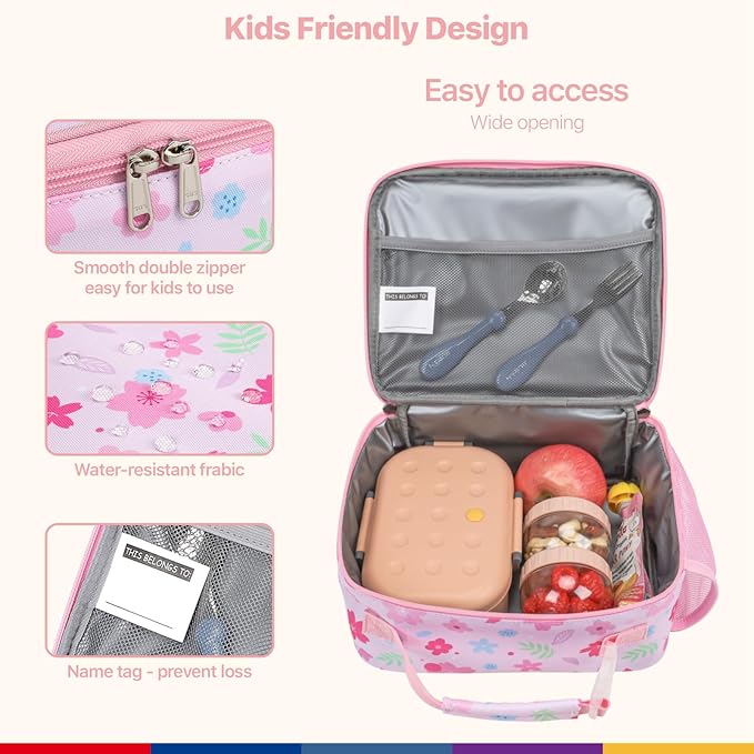 Bagseri Kids Lunch Bag for Girls - Insulated Kids Lunch Box for Daycare and School Reusable Meal Tote Bag with Water Bottle Holder, Easy-Clean Water-Resistant Fabric, Pink Floral