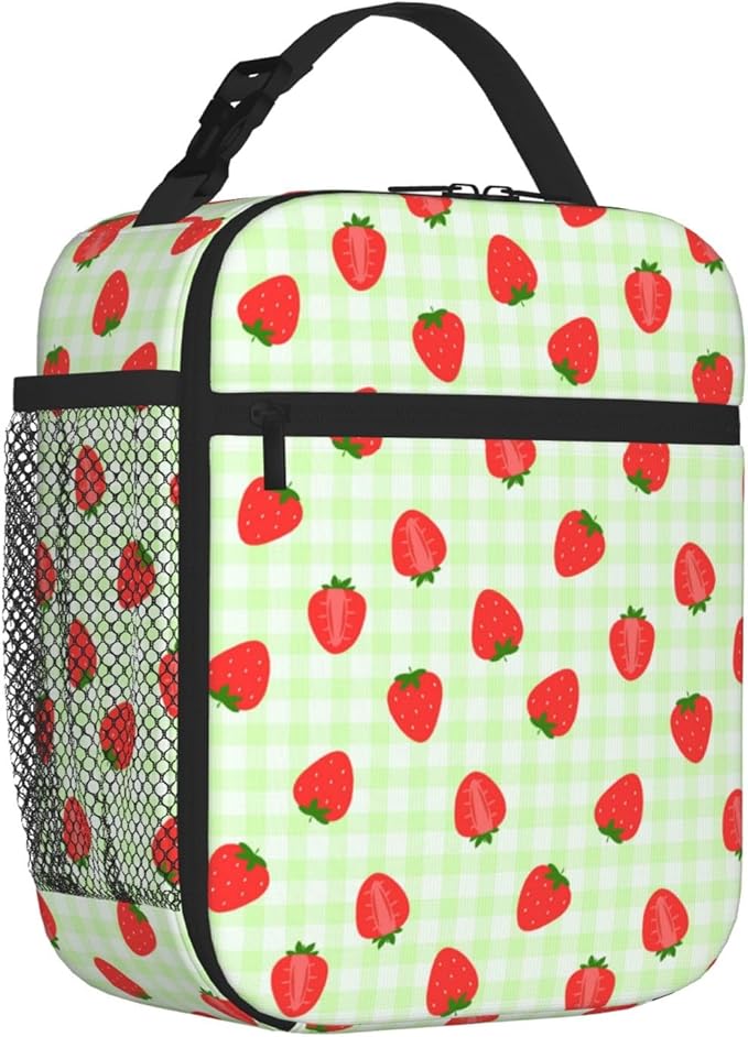 Strawberry Kid Lunch Bag Insulated Reusable Lightweight Water Resistant Green Grid LunchBox with Water Bottle Holder for Boys Girls Lunch Tote