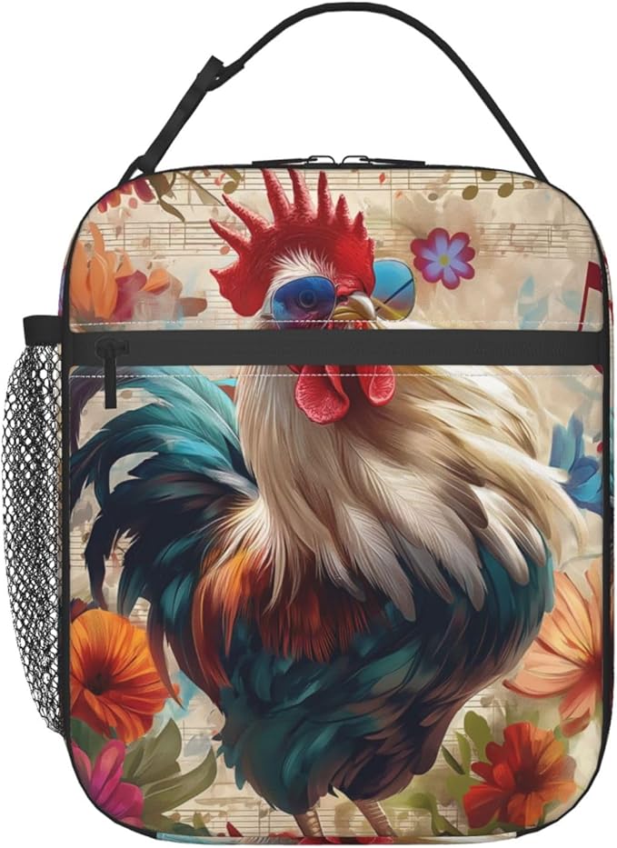 Retro Rooster Print Insulated Lunch Box Gifts for Kids Adults Colorful Farm Chicken and Floral Design Reusable Portable Lunchbox Cooler Lunchbag for Work Picnic School Travel or Hiking