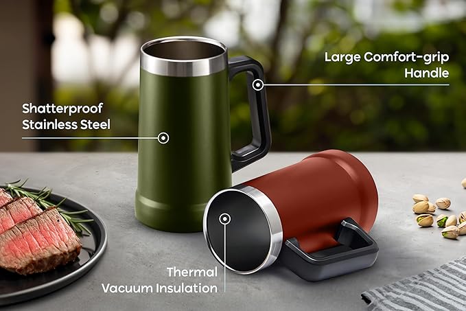 KooK Beer Stein, Stainless Steel Coffee Mug, Tumbler with Thermal Vacuum Insulation, Double Walled Drinking Cup, Large Handle, Shatterproof, Dark Terracotta, 23.7 oz