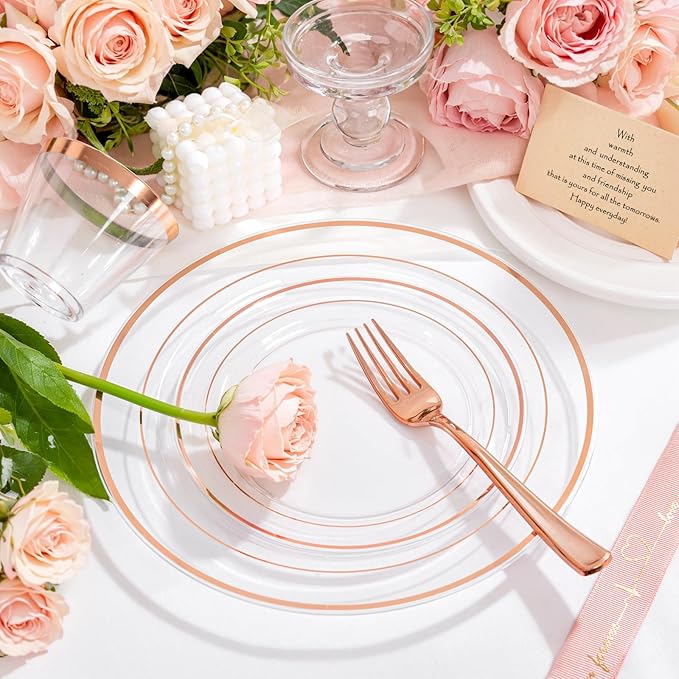 bUCLA 150PCS Clear Rose Gold Disposable Dinnerware set - Rose Gold Plastic Plates Include 25 Dinner / 25 Dessert Plates, 25 Knives, 25 Forks, 25 Spoons, 25 Cups for Party, Wedding & Mother's Day