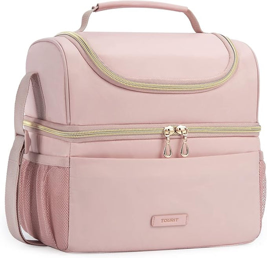 TOURIT Insulated Lunch Bag with Dual Compartment, Leakproof Cooler Tote for Work Office Picnic, Thermal Food Container Pink