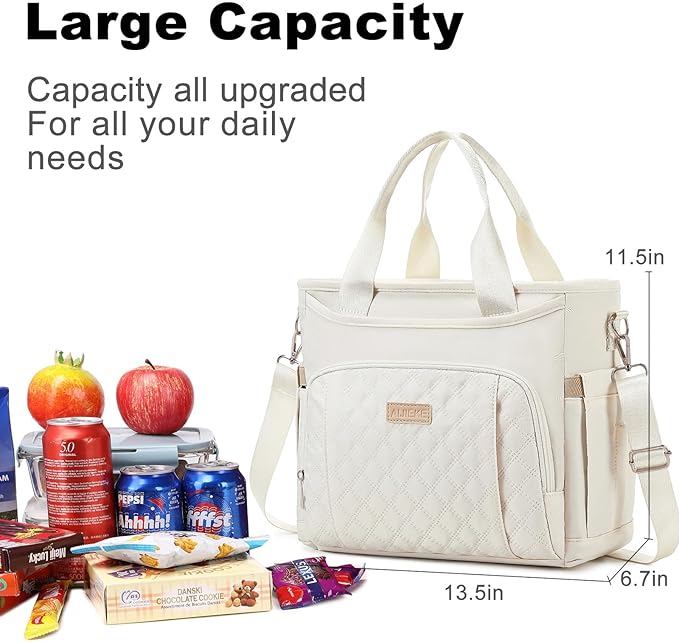 AIJIEKE Insulated Lunch Bag for Women, Lunch Box, Lunch Tote for Work, Large Leak Proof Cooler Bag with Removable Strap, Reusable Adult Lunchbag, Picnic, Office, Beach, Beige