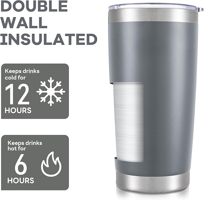 20 oz Tumbler with Lid Stainless Steel Insulated Tumblers Bulk Double Wall Vacuum Cups Powder Coated Travel Mug Keep Drinks Cold and Hot, Grey, 12 Pack