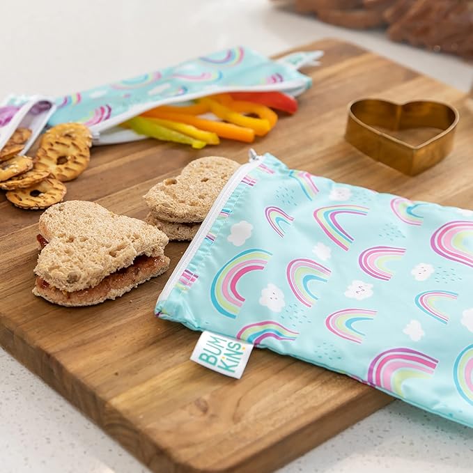 Bumkins Reusable Sandwich and Snack Bags, for Kids School Lunch and for Adults Portion, Washable Fabric, Waterproof Cloth Zip Bag, Travel Pouch, Food-Safe, Large 2-pk Unicorns and Rainbows
