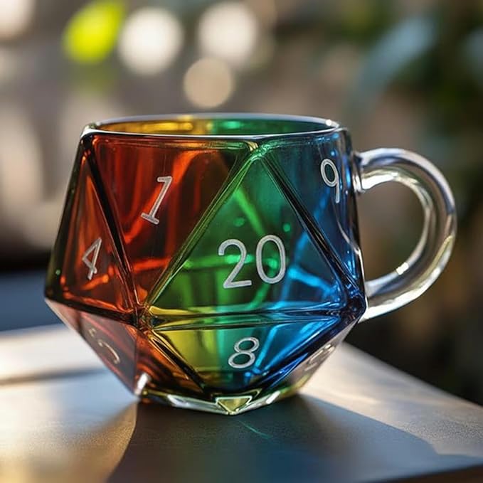 Rainbow D20 Dice Mug, Polyhedral Dice Coffee Cup with Handle, Game Mug for RPG Lovers, Game Night Mugs Gift for Fantasy Lovers