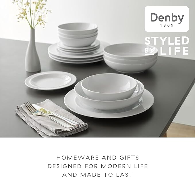 Denby - White By Denby Dinner Set For 4-12 Piece Tableware Set - Fine Porcelain Dinnerware Set - Dishwasher Microwave Oven Safe, Scratch Resistant - 4 x Dinner Plates, Small Plate & Cereal Bowls
