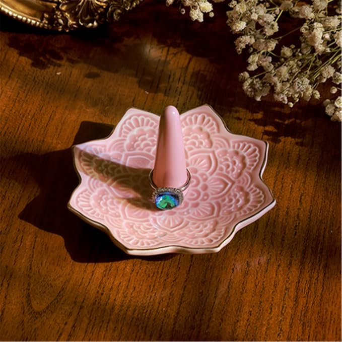 Ceramic Mandala Ring Holder, Decorative Jewelry Dish, Trinket Tray Room Decor, Engagement Wedding Birthday Gifts for Women (pink)