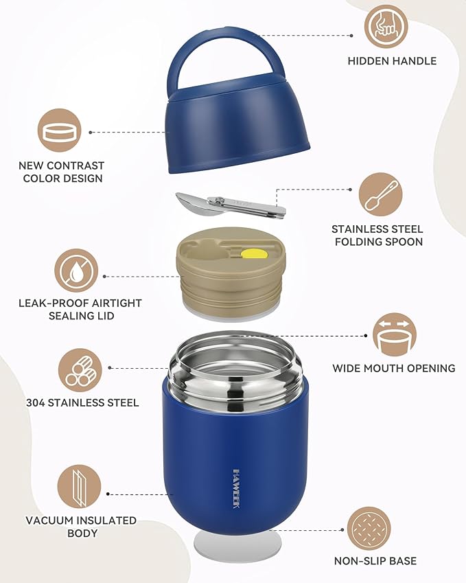 17oz Soup Thermo for Hot Food Adults Insulated Food Jar Thermo Hot Food Lunch Container Wide Mouth Stainless Steel Lunch Box for Kids with Folding Spoon Cleaning Brush Navy Blue