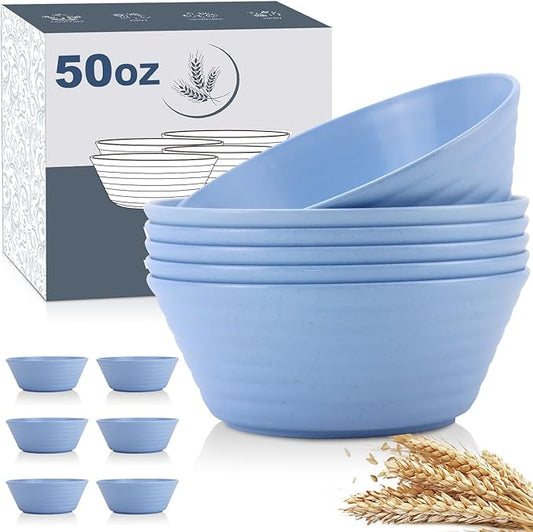 Wrova Wheat Straw Bowl Sets,6 PCS Unbreakable Cereal Bowl 50 OZ,Microwave and Dishwasher Safe Bowls,Super Big Bowl Sets BPA Free for Serving Cereal,Oatmeal and Salad (Sky Blue)