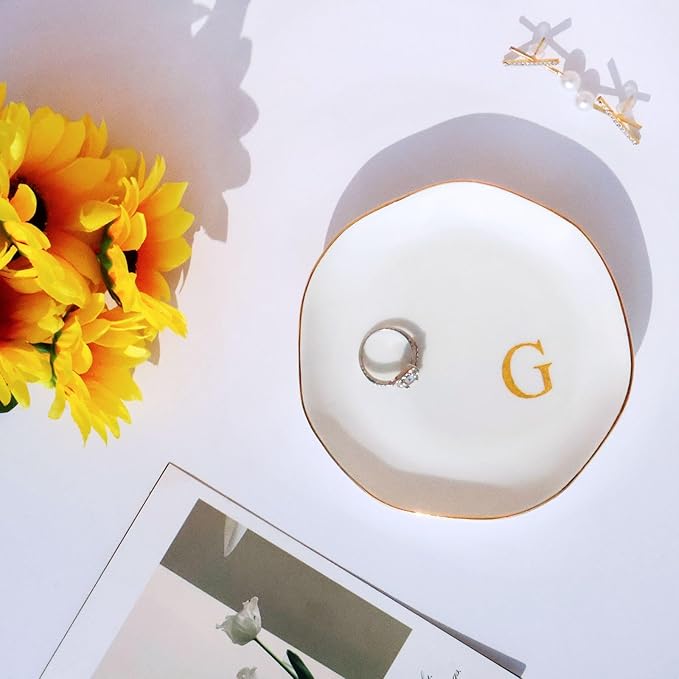 Ceramic Jewelry Tray Initial Ring Dish Personalized G-Monogrammed Engagement Wedding Gifts, for Birthday Mother's Day Christmas for Women, Ceramic White 4.75" (G)