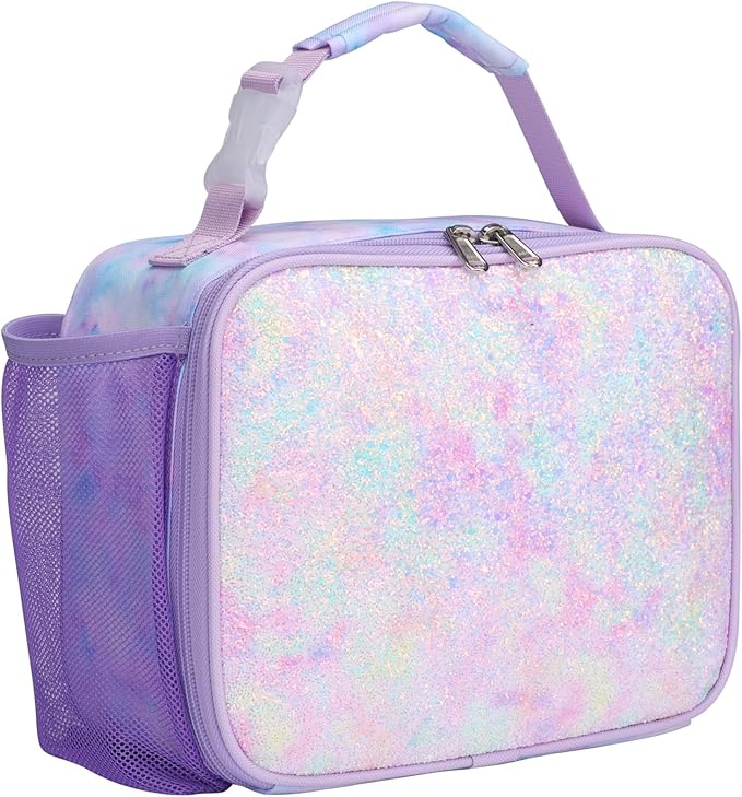 Bagseri Lunch Bag for Girls - Insulated Kids Lunch Bag with Water Bottle Holder Toddler Lunch Box Kids Lunch Cooler Tote for School Picnic, Glitter Purple Tie-dye (Water Bottle Not Included)