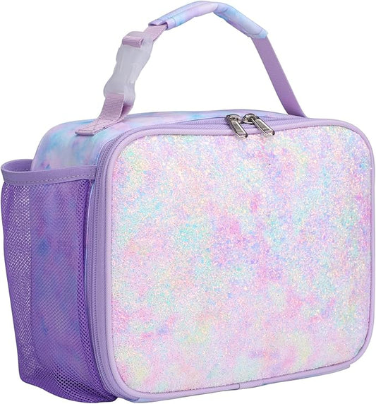 Bagseri Lunch Bag for Girls - Insulated Kids Lunch Bag with Water Bottle Holder Toddler Lunch Box Kids Lunch Cooler Tote for School Picnic, Glitter Purple Tie-dye (Water Bottle Not Included)