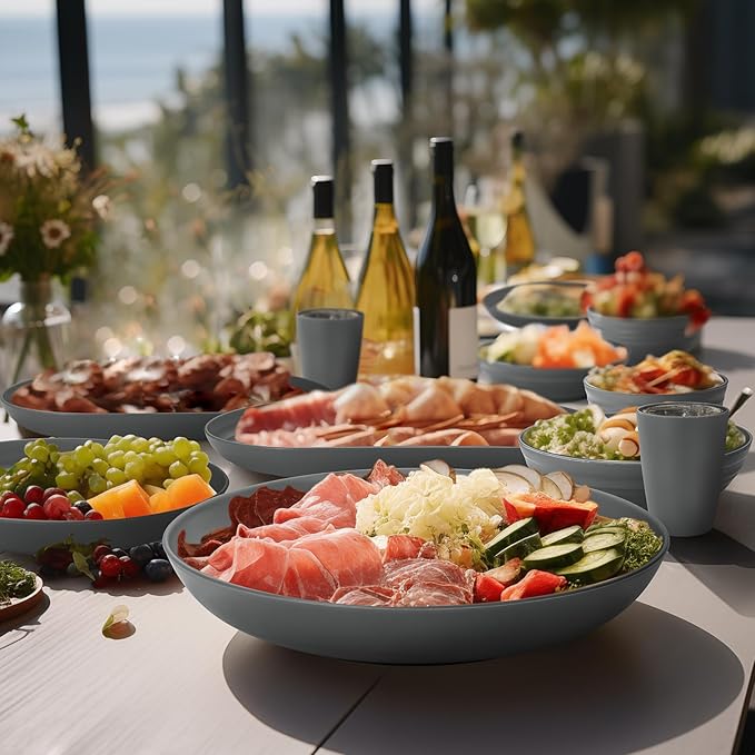 Lazycorner 48-Pcs Kitchen Wheat Straw Dinnerware Set, Service for 8, Plastic Reuasble Dinner Dishes Serving Plate Set for Kitchen, Including Dinner Plate, Dessert Plate, Bowl, Cup(Grey)