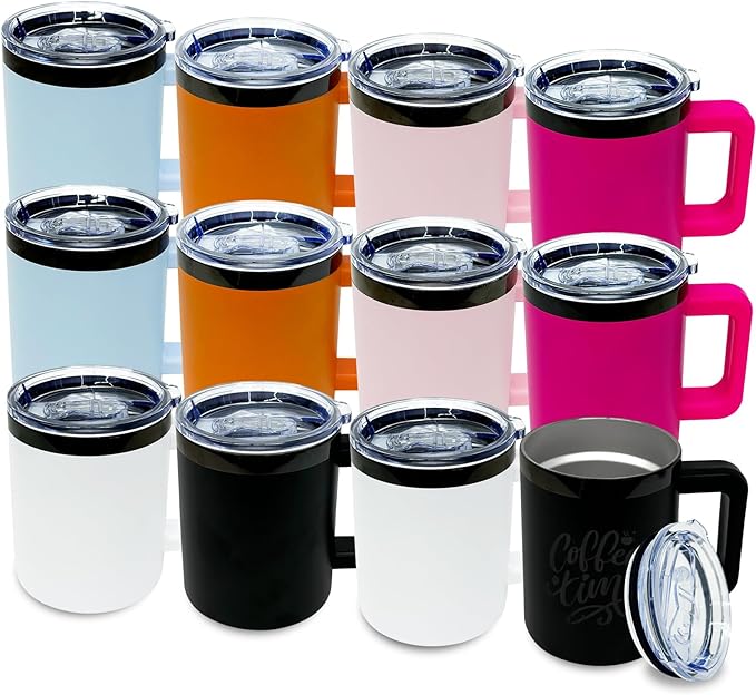10 oz Tumbler with Handle and Straw Stainless Steel Insulated Coffee Mug for Laser Graving Powder Coated Cup with Black Plated(Mix,12 pack)