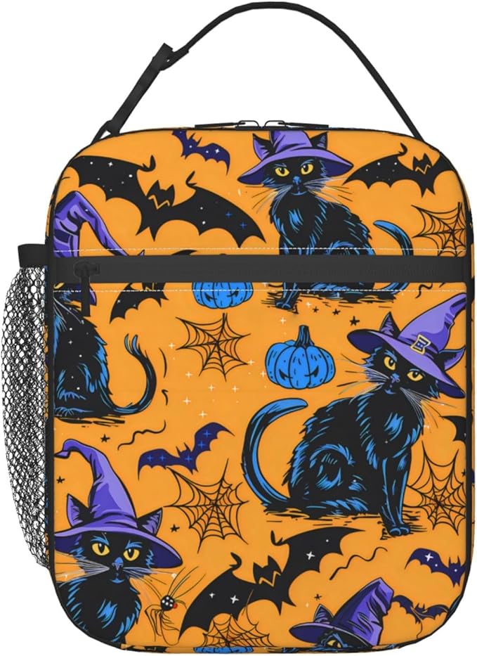 Witchy Cat Polyester Lunch Box for Kids Teen,Gothic Reusable Thermal Lunch Bag for Adult Women,Goth Bat Insulated Tote Cooler Bags for School,Work,Picnic,Travel,Halloween Design