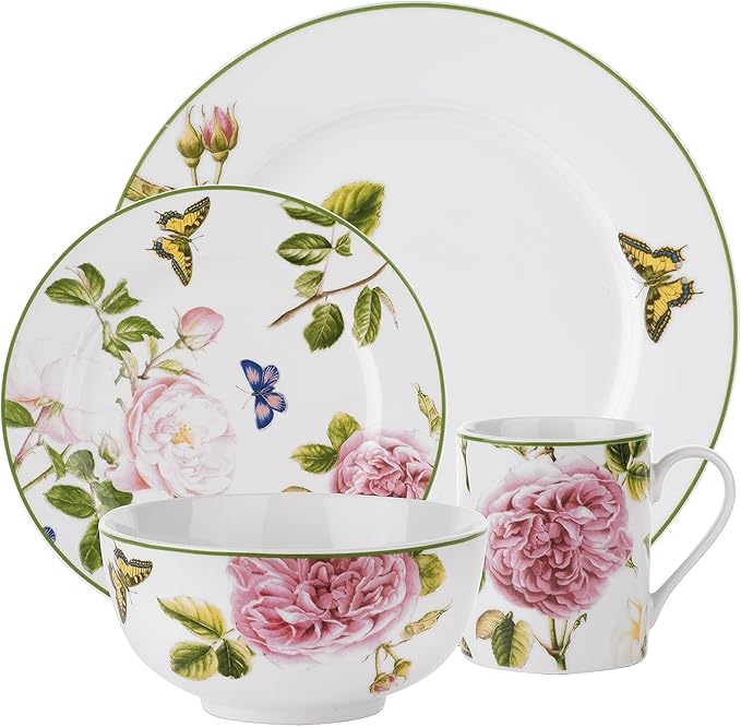 Portmeirion Home Roses 16 Piece Set - Delicate Pink Rose & Butterfly Pattern, Dishwasher Safe Porcelain Dinnerware for Garden Parties, Bridal Showers, Tea Time & Family Gatherings - 10.5" Plates