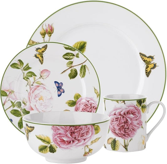 Portmeirion Home Roses 16 Piece Set - Delicate Pink Rose & Butterfly Pattern, Dishwasher Safe Porcelain Dinnerware for Garden Parties, Bridal Showers, Tea Time & Family Gatherings - 10.5" Plates