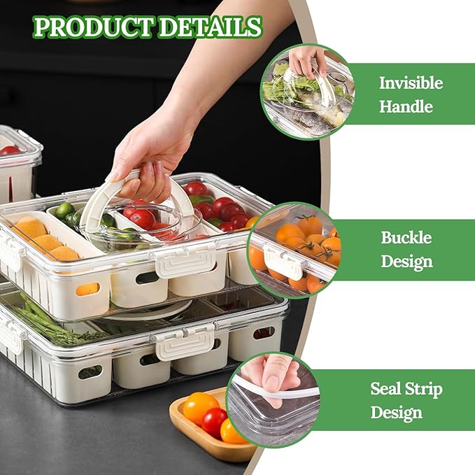 Salad Bar Containers for Fridge with Lid and Handle, Fruit Storage Containers with 4 Removable Colanders, Berry Box Fresh Produce Saver for Fruit, Veggie, Refrigerator, Kitchen, Picnic, 2 Pack