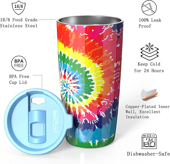 TILUCK 20 oz Tumbler with Leak-Proof Lid, Vacuum Insulated Stainless Steel Coffee Mug, Double-Walled Travel Tumbler for Hot and Cold Drinks(RotatingRainbow, 20oz)
