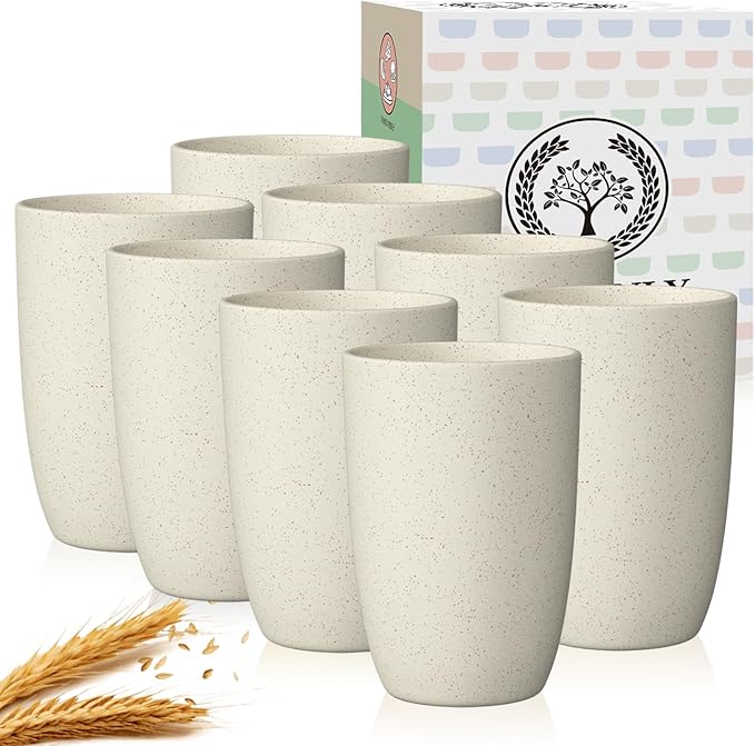Homienly Cups for Kitchen Unbreakable Wheat Straw Cups 8 PCS Alternative to Plastic Cups Stackable Drinking Cup Reusable Dishwasher Safe Water Glasses with Beige Color (20 OZ)