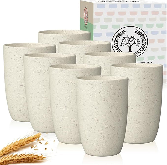 Homienly Cups for Kitchen Unbreakable Wheat Straw Cups 8 PCS Alternative to Plastic Cups Stackable Drinking Cup Reusable Dishwasher Safe Water Glasses with Beige Color (20 OZ)
