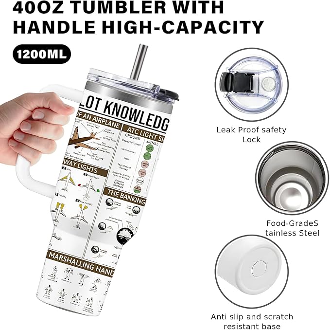 Pilot Gifts Men Aviation Gifts 40oz Aviation Tumbler with Handle, Stainless Steel Pilot Insulated Coffee Travel Cup for Men, Birthday Retirement Present for Aviator Dad Son Husband Boyfriend